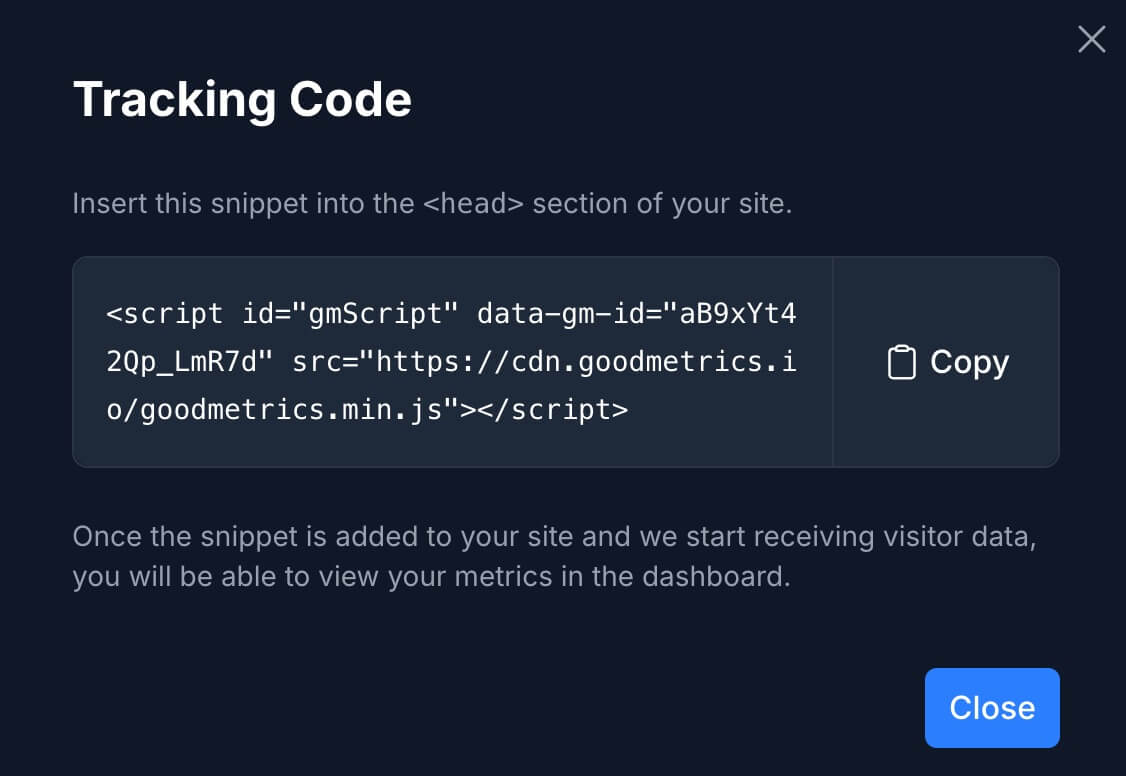 A screenshot of a GoodMetrics tracking script