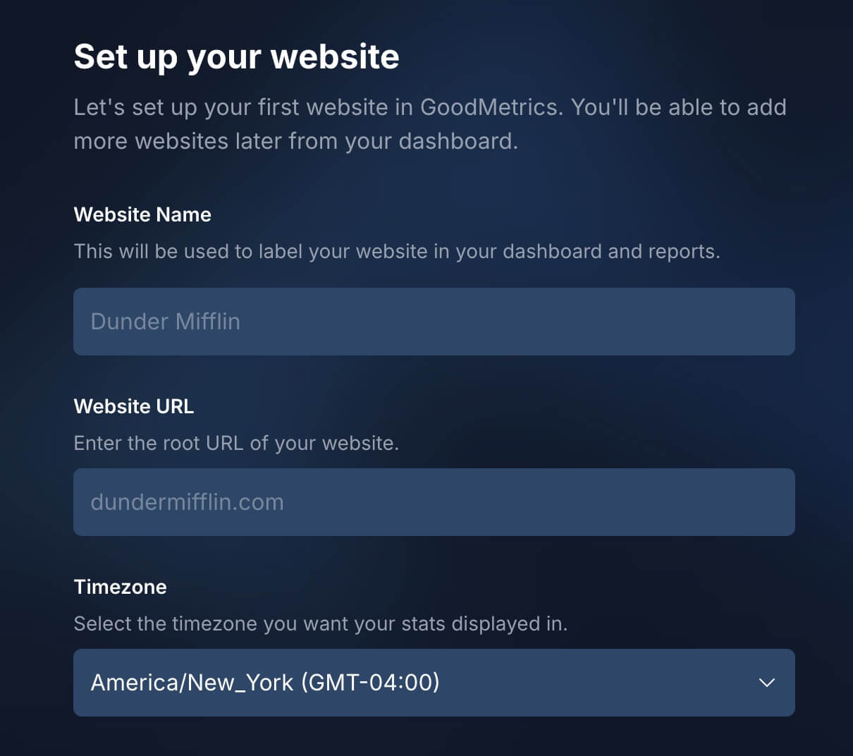 A screenshot of the website setup during onboarding