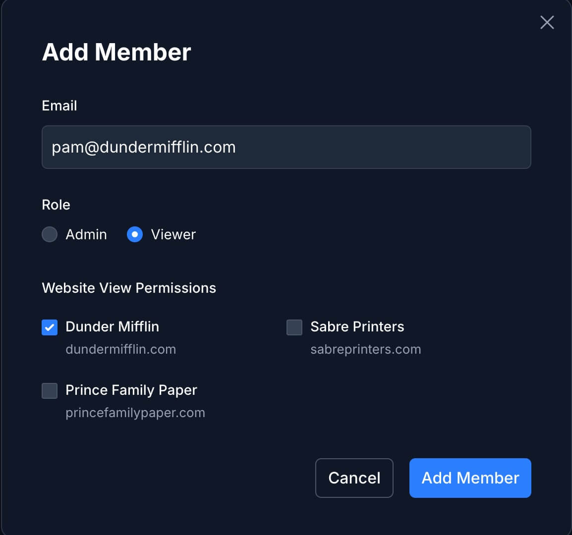 A screenshot showing team member's role and website permissions
